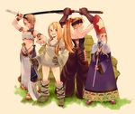  armband axe bad_id bad_pixiv_id bad_proportions blonde_hair bracelet braid breasts cleavage dagger dancer_(fft) final_fantasy final_fantasy_tactics geomancer_(fft) gloves hat highres jewelry katana long_hair medium_breasts midriff multiple_girls ponytail revision ring robe samurai_(fft) staff sword thighs time_mage time_mage_(fft) uyama_hajime weapon wristband 