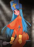  areolae ass between_legs blue_hair blush breasts chunsoft dragon_quest dragon_quest_iii enix female female_orgasm gloves hat huge_breasts large_areola large_areolae leotard lips long_hair mace masturbation nipples no_bra no_panties open_mouth orgasm priest_(dq3) profile puffy_nipples red_eyes roshiman see-through solo squirt standing thighs weapon 