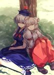  against_tree bow closed_eyes fujiwara_no_mokou hair_bow hair_ribbon hat head_on_shoulder kamishirasawa_keine long_hair mikage_sekizai multiple_girls outdoors red_eyes ribbon shade silver_hair sitting sleeping sleeping_upright smile touhou tree tree_shade under_tree 