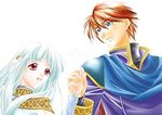  aqua_hair blue_eyes cape couple dress eliwood eye_contact fire_emblem fire_emblem:_rekka_no_ken fire_emblem_blazing_sword hair_ornament hand_holding happy long_hair long_sleeves looking_at_another lowres ninian open_mouth red_eyes red_hair short_hair smile white_hair 