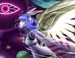  amane_(funfun) android angel_wings bangs blue_hair blunt_bangs dress expressionless eyes flying hair_rings hairband headgear long_sleeves mechanical_wings phantasy_star phantasy_star_portable phantasy_star_universe planet profile red_eyes science_fiction short_hair solo space star_(sky) vivienne_(phantasy_star) wide_sleeves wings 
