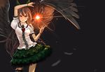  black_wings bow brown_hair feathers fireball frilled_skirt frills green_skirt hair_bow lace lace-trimmed_skirt layered_skirt lipstick long_hair makeup miniskirt prototype-d red_eyes reiuji_utsuho simple_background skirt smile solo touhou wings 