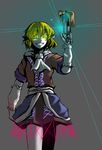  arm_warmers blonde_hair blood blood_splatter dead_space glowing glowing_eyes green_eyes grin gun left-handed mizuhashi_parsee parody plasma_cutter pointy_ears short_hair slit_pupils smile solo teeth touhou weapon yaruku 