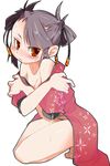  bare_shoulders barefoot black_hair blush brown_eyes china_dress chinese_clothes dress hands original solo yomi_(artist) 