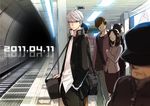  2011 arms_at_sides bag bangs black_jacket black_pants blazer blurry brown_hair ceiling_light closed_mouth covered_eyes crowd dated depth_of_field duffel_bag grey_hair hand_in_pocket hat hat_over_eyes jacket long_hair long_sleeves looking_at_viewer narukami_yuu no_eyes pants persona persona_4 saeuchobab school_uniform shirt shoulder_bag skirt smile solo_focus standing stitches subway_station train_station untucked_shirt waiting white_hair white_shirt 