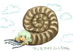  ammonite chibi fang fusion green_eyes komeiji_koishi meeko open_mouth smile solo touhou white_hair 