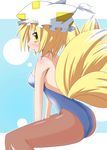  animal_ears bad_id bad_pixiv_id blonde_hair blue_leotard fox_tail hat highres leotard multiple_tails nijimofu pantyhose playboy_bunny_leotard solo tail touhou yakumo_ran yellow_eyes 