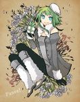  arm_support bad_id bad_pixiv_id bare_shoulders blue_eyes buzz coat flower fur fur_hat fur_trim gift gloves green_hair gumi hat holding holding_gift leg_warmers petals short_hair sitting smile solo vocaloid winter_clothes 