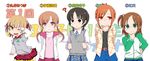  abukawa belt black_eyes black_hair brown_eyes brown_hair chin_rest commentary_request denim denim_skirt dowsing_rod extra green_eyes hair_ornament hair_ribbon hairpin highres hood hoodie itou_shiori jacket kurabayashi_aya marui_mitsuba matsuoka_sakiko mitsudomoe miyashita multiple_girls necktie one_eye_closed orange_eyes orange_hair plaid raglan_sleeves ribbon short_hair short_twintails side_ponytail sidelocks skirt smile sweater_vest thighhighs twintails 