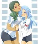  2girls annoyed bike_shorts blue_eyes blue_hair blush breasts dark_skin edgar_valtinas frown genderswap green_hair hair_over_one_eye hand_holding huge_breasts inazuma_eleven inazuma_eleven_(series) large_breasts long_hair multiple_girls open_mouth red_eyes soccer_uniform sportswear sweatdrop teres_tolue 