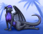  anthro arm_support barefoot bikini black_body black_skin blue_eyes blue_hair blue_skin blue_theme bra breasts claws clothed clothing dragon female grey_skin hair horn horns lying panties paws pinup pose purple_hair sapphire_phoenix_(character) scalie short_hair side_view skimpy smile solo swimsuit tight_clothing toes tropical two_tone_skin underwear vader-san wings 