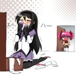  =_= akemi_homura bag black_hair blush caught clothes_sniffing female_pervert hairband halftone halftone_background kaname_madoka kneeling long_hair magical_girl mahou_shoujo_madoka_magica multiple_girls panties pantyhose pervert pink_hair polka_dot polka_dot_background purple_skirt rayno ribbon school_uniform shaded_face short_twintails skirt smelling thighhighs trembling turn_pale twintails underwear underwear_sniffing walk-in white_legwear yuri 