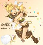  1girl bad_id bad_pixiv_id blonde_hair blue_eyes blush brother_and_sister candy cheek-to-cheek food formalin hair_ribbon headphones hug jar kagamine_len kagamine_rin midriff o3o one_eye_closed open_mouth ponytail ribbon shirt siblings twins vocaloid white_shirt 