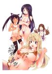  4girls akiyama_mio animal_ears bikini black_eyes black_hair blonde_hair blue_eyes blush breasts brown_hair cleavage erect_nipples glasses highres k-on! kotobuki_tsumugi large_breasts long_hair micro_bikini multiple_girls nakano_azusa navel nipple_slip nipples red_eyes swimsuit tan tanline yamanaka_sawako 