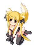  animal_ears blonde_hair breasts canine female fox foxgirl gloves hair hentai kemonomimi kitsunemimi kneeling long_blonde_hair long_hair looking_at_viewer mahou_shoujo_lyrical_nanoha panties red_eyes ribbons soft solo tail thigh_highs underwear unknown_artist 