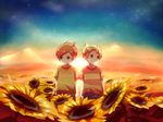  blonde_hair blue_eyes bonu_(tsunatan) brown_eyes brown_hair claus field flower lucas male_focus mother_(game) mother_3 multiple_boys siblings smile sunflower twins 