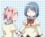 blue_hair blush closed_eyes commentary_request food hair_ribbon kaname_madoka mahou_shoujo_madoka_magica miki_sayaka mitakihara_school_uniform mouth_hold multiple_girls open_mouth pink_hair pocky ribbon school_uniform shirika short_hair short_twintails smile twintails 