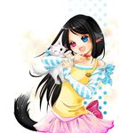  animal animal_ears animal_tail artist_request black_hair blue_eyes bow cat cat_bell character_request choker collar dots heterochromia laughing long_hair loose_hair lowres paw_print pet pink_eyes polka_dot polka_dots ribbon simple_background skirt solo source_request straight_hair striped 