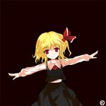  alphes_(style) blonde_hair hair_ornament hair_ribbon kaoru_(gensou_yuugen-an) outstretched_arms parody red_eyes ribbon rumia short_hair simple_background solo spread_arms style_parody touhou 