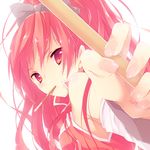  bow fingernails food foreshortening hair_bow hands long_hair magical_girl mahou_shoujo_madoka_magica pocky polearm ponytail red_eyes red_hair sakura_kyouko simple_background solo weapon xayux 