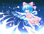  alternate_color barefoot blue_eyes blush bow christmas cirno dress hair_bow ice ice_wings long_sleeves merry_christmas musical_note open_mouth pink_bow pink_dress short_hair solo star touhou wings yuya_(minus-k) 