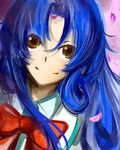  aine_(haibane) bad_id bad_pixiv_id blue_hair bow brown_eyes chidori_kaname full_metal_panic! highres jindai_high_school_uniform long_hair petals school_uniform smile solo 