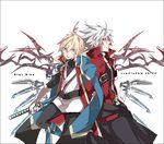  black_pants blazblue blazblue_insignia blonde_hair blue_eyes blue_footwear boots brothers copyright_name gloves jin_kisaragi male_focus mameshibasuke multiple_boys pants ragna_the_bloodedge red_eyes siblings smile sword uniform weapon white_background white_hair yukianesa 