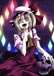  alternate_wings ascot blonde_hair crazy crazy_eyes fangs finger_to_mouth flandre_scarlet hat highres horror_(theme) open_mouth red_eyes riputon_(lipton_sabou) short_hair short_sleeves skull slit_pupils solo teeth touhou vampire wings 