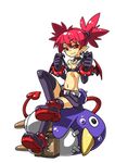  :3 bat_wings choker demon_girl demon_tail disgaea earrings elbow_gloves etna gloves jewelry pointy_ears prinny red_hair sitting skirt solo squemezzo sweatdrop tail thighhighs twintails undressing v-shaped_eyebrows wings 
