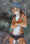  buff camel_toe crossed_arms engineer feline female genevieve goggles headscarf midriff solo tiger tough watercolorwolf 