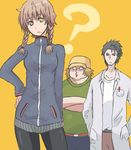  ? amane_suzuha arms_crossed bike_shorts black_hair braid brown_hair crossed_arms glasses hand_on_hip hands_in_pockets hashida_itaru hat hips labcoat okabe_rintarou open_mouth orange_eyes question_mark steins;gate track_jacket twin_braids 