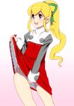  :d bad_id bad_pixiv_id blonde_hair blue_eyes blush bow cowboy_shot dress dress_lift flat_chest hair_bow long_hair masao no_panties open_mouth ponytail red_skirt rockman rockman_(classic) roll simple_background skirt smile solo 