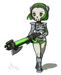  armor chibi facepaint flat_chest green_eyes green_hair gun hairband necron niklas_jansson panties pauldrons personification rifle skull solo underwear warhammer_40k weapon 