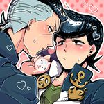  2boys anchor_(symbol) black_hair blush diamond_is_not_crash duo gakuran heart higashikata_josuke higashikata_jousuke jojo_no_kimyou_na_bouken male male_focus multiple_boys nijimura_okuyasu peace_symbol pompadour school_uniform 