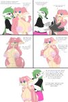  2019 absurd_res anthro anthro_to_inanimate audino big_breasts bottomwear breasts clothing comic drpolice female female/female gardevoir goo_transformation green_hair hair hi_res humanoid inanimate_transformation nintendo nipples piercing pok&eacute;mon pok&eacute;mon_(species) red_eyes simple_background skirt smile surprise transformation video_games white_background 