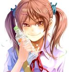  aoi_sora_(pairan) bottle brown_eyes brown_hair face hair_ornament hairclip original pairan shirt simple_background smile smirk solo sparkle sweat twintails upper_body water_bottle 