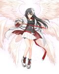  1girl absurdres angel bangs belt black_hair breasts collarbone commentary english_commentary felutiahime full_body grey_background grey_jacket highres holding holding_sword holding_weapon jacket long_hair long_sleeves medium_breasts miniskirt multiple_wings open_clothes open_jacket original pleated_skirt red_belt shiny shiny_hair shoes simple_background skirt solo sword two-sided_fabric two-sided_jacket weapon white_skirt wings 
