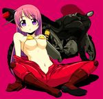  biker_clothes bikesuit bikini_top boots breasts cameltoe cleavage covered_nipples full_body gloves ground_vehicle long_hair looking_at_viewer medium_breasts motor_vehicle motorcycle navel onija_tarou original parted_lips pink_hair purple_eyes red red_background red_footwear red_gloves simple_background sitting solo unzipped yellow_bikini_top 