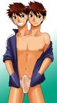  2boys boy brown_eyes brown_hair bulge chest club_z conjoined erection male multi_head nipples open_jacket open_shirt penis smirk solo twins underwear what 