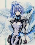  agahari ahoge armor bangs blue_eyes blue_hair bodysuit covered_navel cowboy_shot emblem gloves grin hair_between_eyes hair_intakes hand_on_hip hayase_mitsuki high_ponytail long_hair looking_at_viewer mecha muvluv pauldrons pilot_suit ponytail skinny smile solo traditional_media turtleneck type_94_shiranui white_bodysuit 