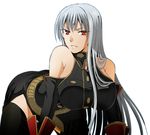  all_fours breasts kenji_t1710 large_breasts long_hair military military_uniform red_eyes selvaria_bles senjou_no_valkyria senjou_no_valkyria_1 side_slit sideboob silver_hair simple_background solo thighhighs uniform very_long_hair 