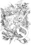  2girls apple breasts cat_eyes eating fangs food fruit furry hand_net katzeh leaf licking long_hair looking_at_viewer monochrome multiple_girls net nipples plant pussy reaching slit_pupils star tail tongue tree weapon 