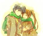  1girl chrono_harlaown couple hetero scarf takamachi_nanoha takana triangle_heart_3 twintails winter_clothes 
