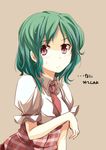  adapted_costume aioi_aoi blush brown_background embarrassed frown green_hair kazami_yuuka necktie plaid red_eyes red_neckwear short_hair short_sleeves simple_background solo sweatdrop touhou translated waitress 