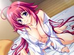  ahoge barefoot bed_sheet breasts covered_nipples dutch_angle game_cg himeyama_matsuri large_breasts long_hair mochizuki_nozomu navel no_bra open_clothes open_shirt oppai_no_ouja_48 panties pink_hair pink_panties purple_eyes shirt sitting smile solo underwear very_long_hair wariza 