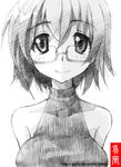  bare_shoulders glasses gofu greyscale infinite_stratos monochrome short_hair sketch smile solo spot_color traditional_media yamada_maya_(infinite_stratos) 