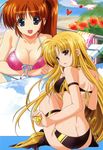  ass bardiche beach bikini blonde_hair breasts brown_hair butt_crack cleavage cloud day fate_testarossa front-tie_top higa_yukari highres large_breasts long_hair looking_back low-tied_long_hair lyrical_nanoha mahou_shoujo_lyrical_nanoha multiple_girls non-web_source open_mouth outdoors ponytail purple_eyes raising_heart red_eyes side_ponytail sky swimsuit takamachi_nanoha underboob very_long_hair 