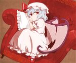  :/ bat_wings blue_hair chair dutch_angle frilled_pillow frills hat mary_janes natsume_(menthol) pillow red_eyes remilia_scarlet shoes short_hair solo touhou wings 
