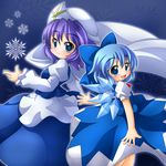  blue_eyes blue_hair blush bow breasts cirno dress fairy hat highres lavender_hair letty_whiterock medium_breasts multiple_girls purple_hair scarf shinjitsu short_hair snow snowflakes touhou white_scarf wings 