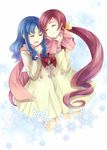  :d blue_hair closed_eyes curly_hair hagiwara_rin hanasaki_tsubomi happy heartcatch_precure! kurumi_erika logo multiple_girls myoudou_gakuen_middle_school_uniform open_mouth pink_hair precure scarf school_uniform shared_scarf smile snowflakes twintails wavy_hair 